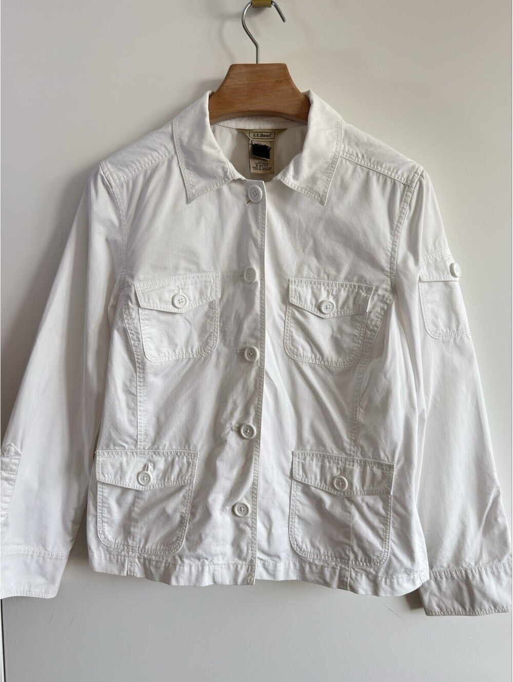 L.L.Bean White Cotton Utility Safari Field Jacket 4 Pocket Button Womens